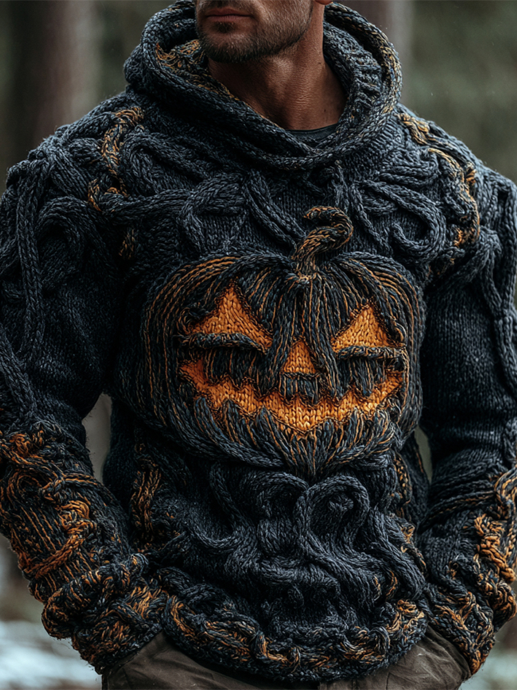 Halloween Pumpkin Emoji Men's Chunky Knit Hooded Sweater