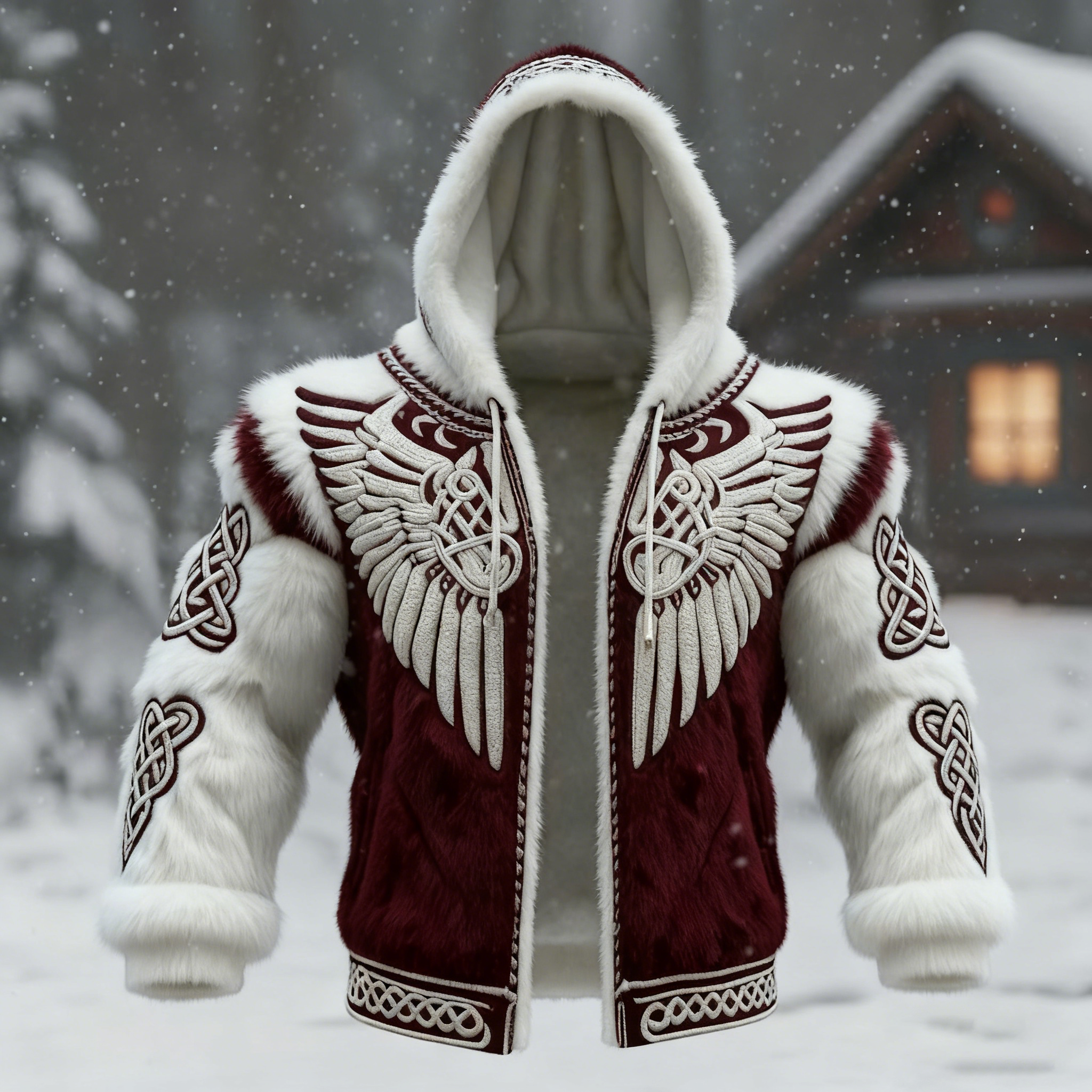Men's Viking Tribal Jacquard Celtic With Wings Inspired Art Plush Warm Zipped Hooded Jacket