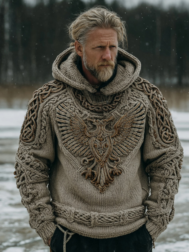 Men's Vintage Viking Eagle Art Knit Hooded Sweater
