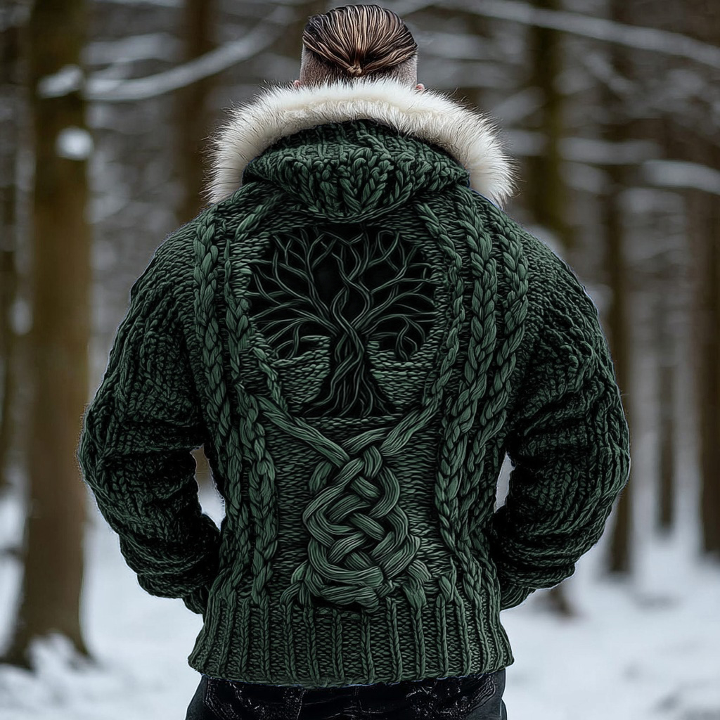 Men's Viking Tribal Tree Of Life Celtic Chunky Knit Fuzzy Hooded Zipper Cardigan