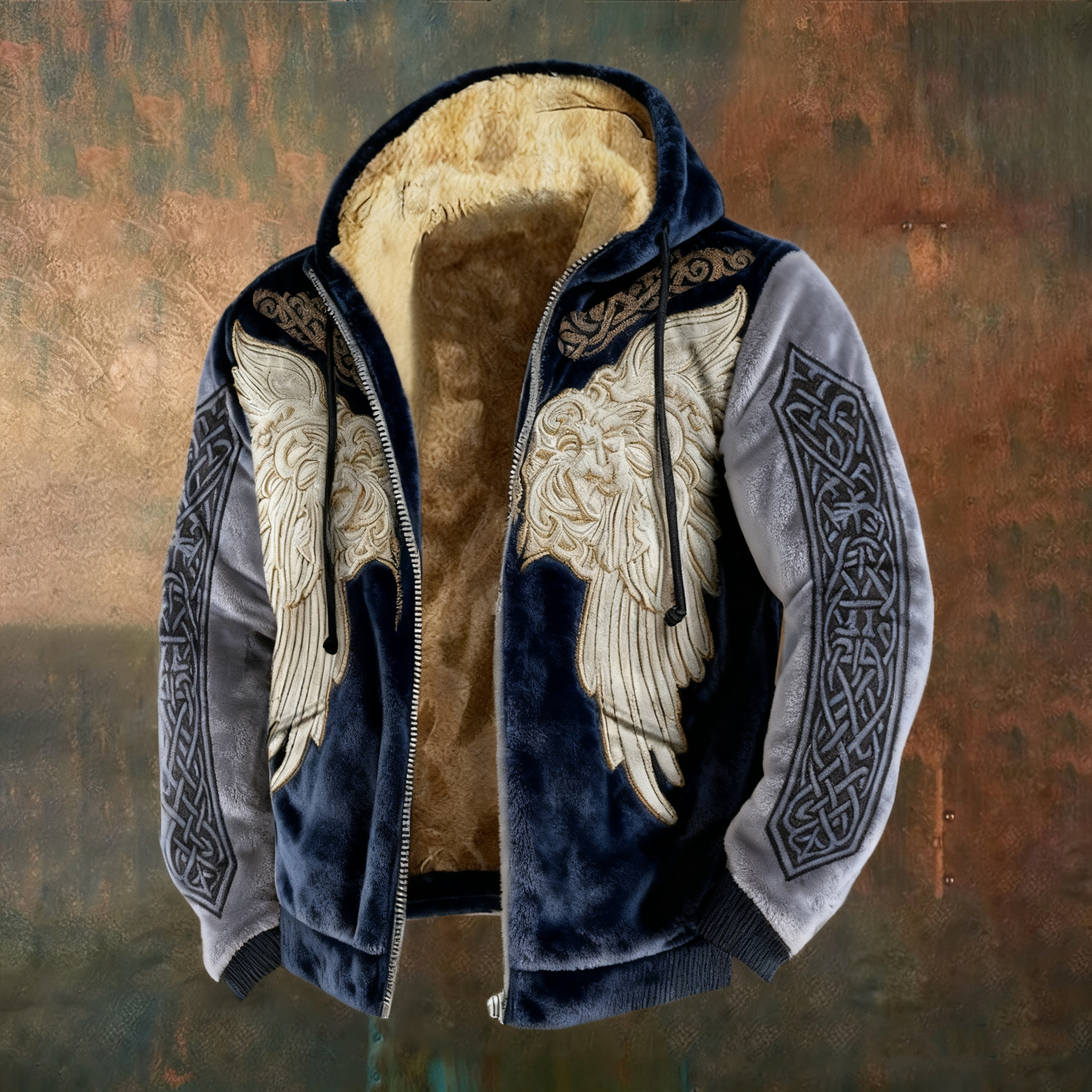 Men's Retro Celtic Knot And Wing Art Plush Coat