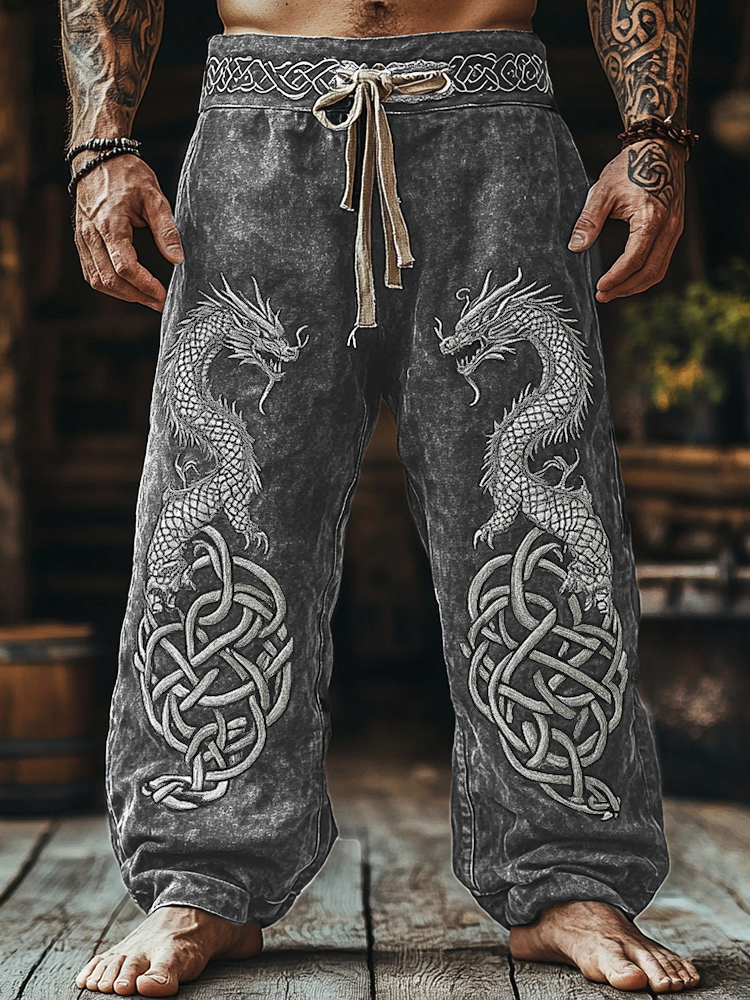 Men's Retro Viking Tribal Dragon Celtic Knot Art Linen Pants