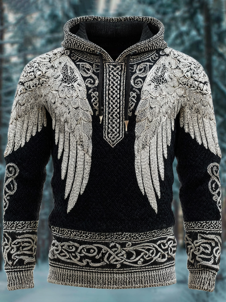 Men's Viking Wings Art Print Casual Knit Hooded Sweater