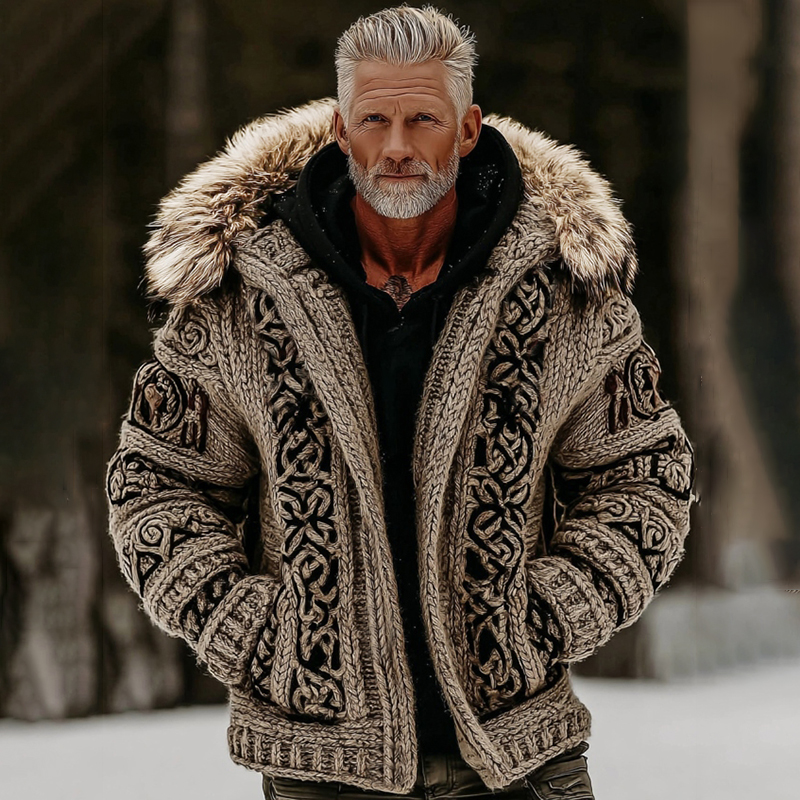 Men's Viking Celtic Style Cozy Fur Collar Zipper Hooded Sweater Jacket