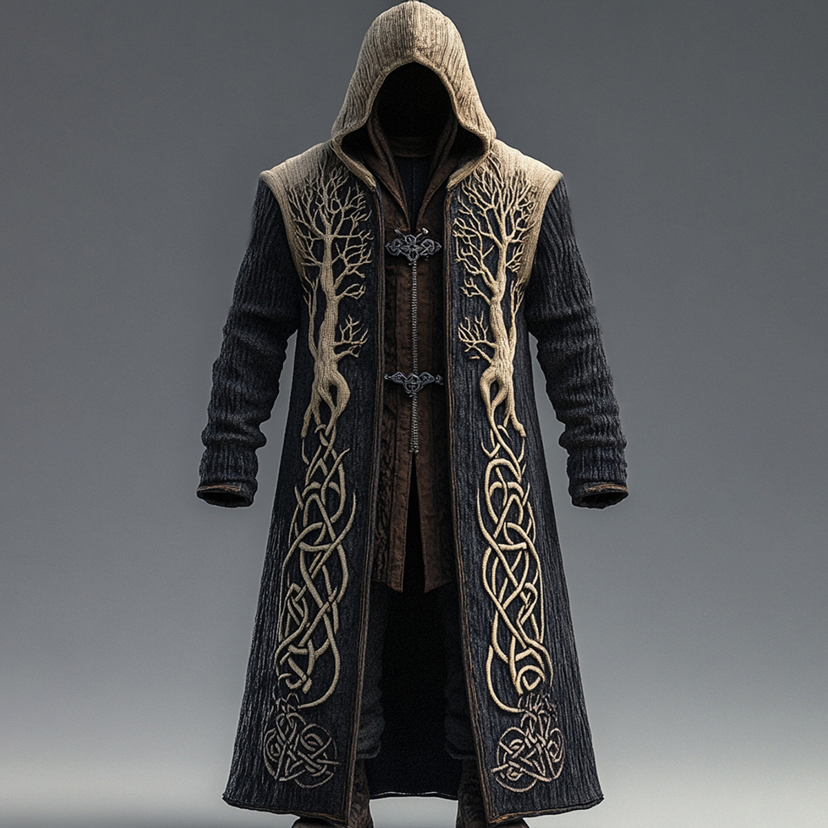 Men's Viking Contrast Color Tree Of Life Embroidered Knit Hooded Coat