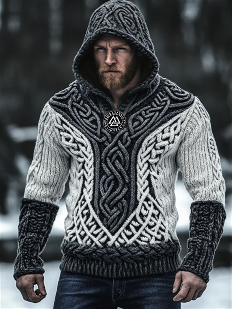 Men's Viking Embroidered Celtic Contrast Chunky Hooded Sweater