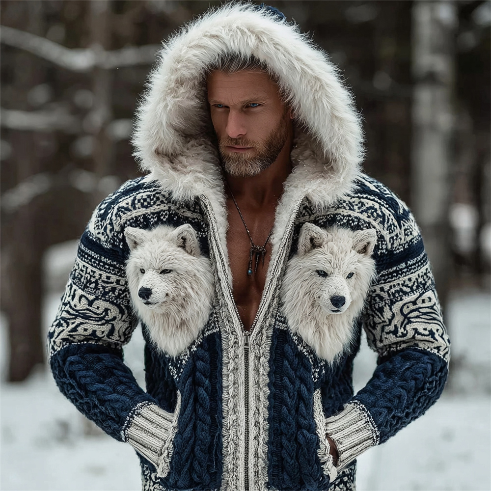 Viking Giant Wolf Totem Men's Hooded Full-zip Knit Jacket