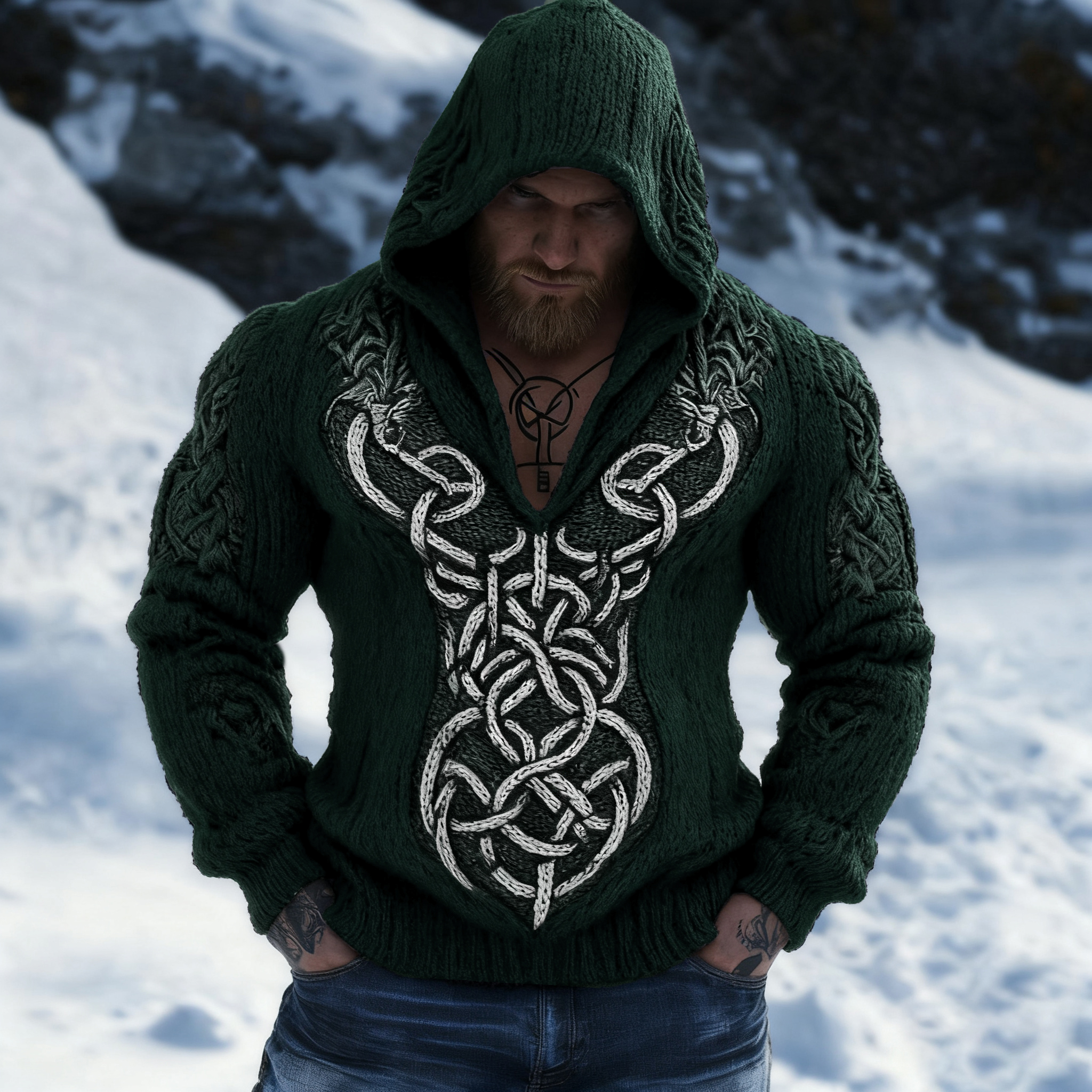 Retro Viking Celtic Jacquard Chunky Hooded Sweater