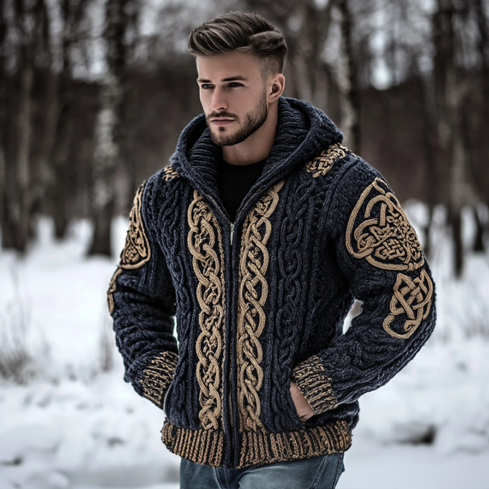 Men's Viking Celtic Knot Thick Needle Warm Hooded Cardigan Sweater