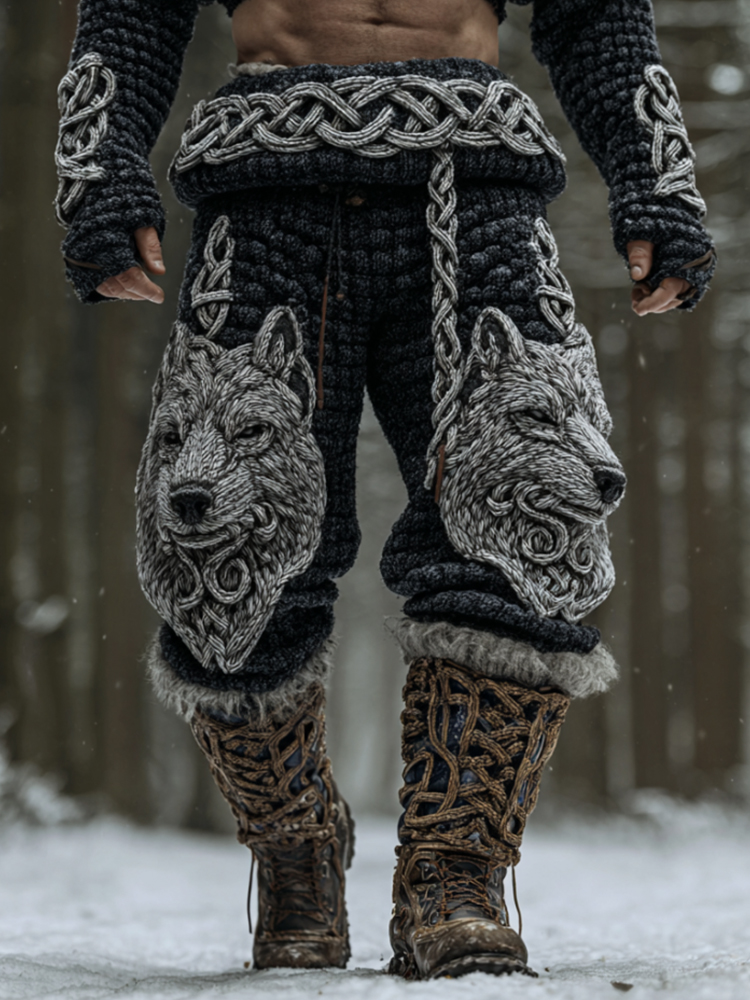 Men's Viking Celtic Knot Wolf Head Embroidery Thick Needle Thick Casual Pants