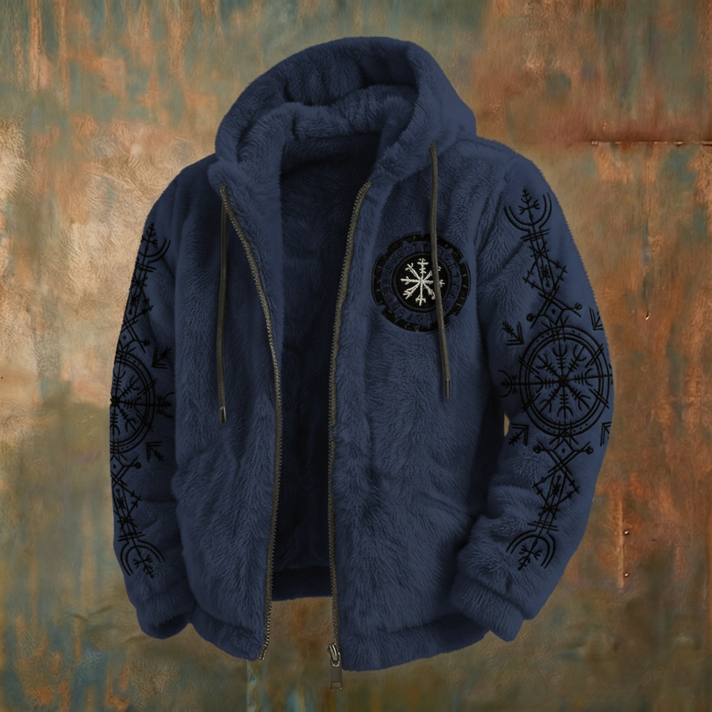Men's Viking Tribal Jacquard Celtic With Crows & Wolves Inspired Plush Warm Zipped Hooded Jacket