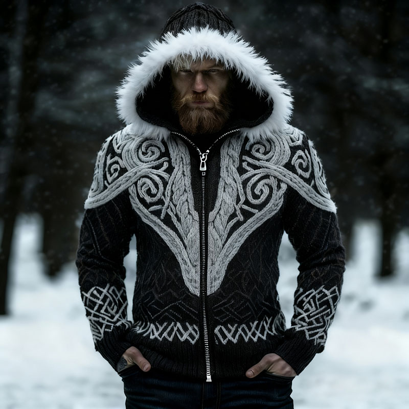 Men's Viking Celtic Knot Art Cozy Fur Collar Knit Hooded Sweater Jacket
