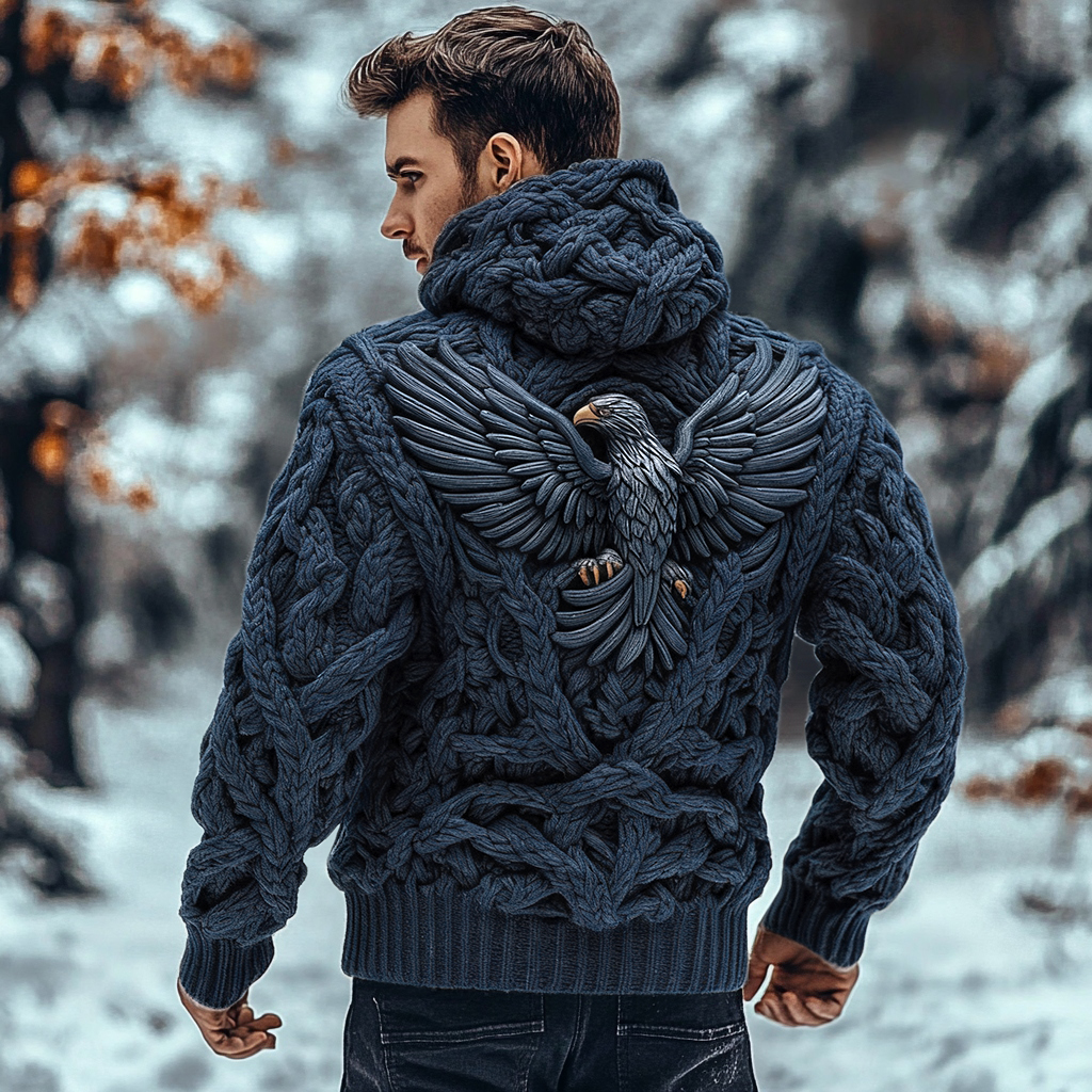 Men's Viking Tribal Eagle Celtic Chunky Knit Hooded Sweater