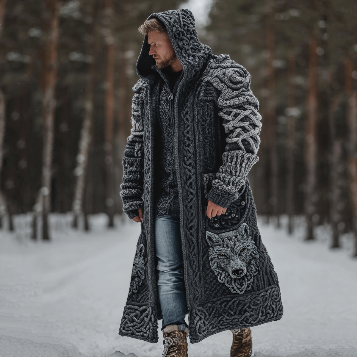 Men's Viking Style Celtic Knot Wolf Head Sweater Cardigan