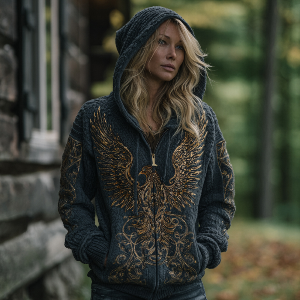 Women's Viking-style Phoenix Embroidery Vintage Hooded Cardigan Sweater