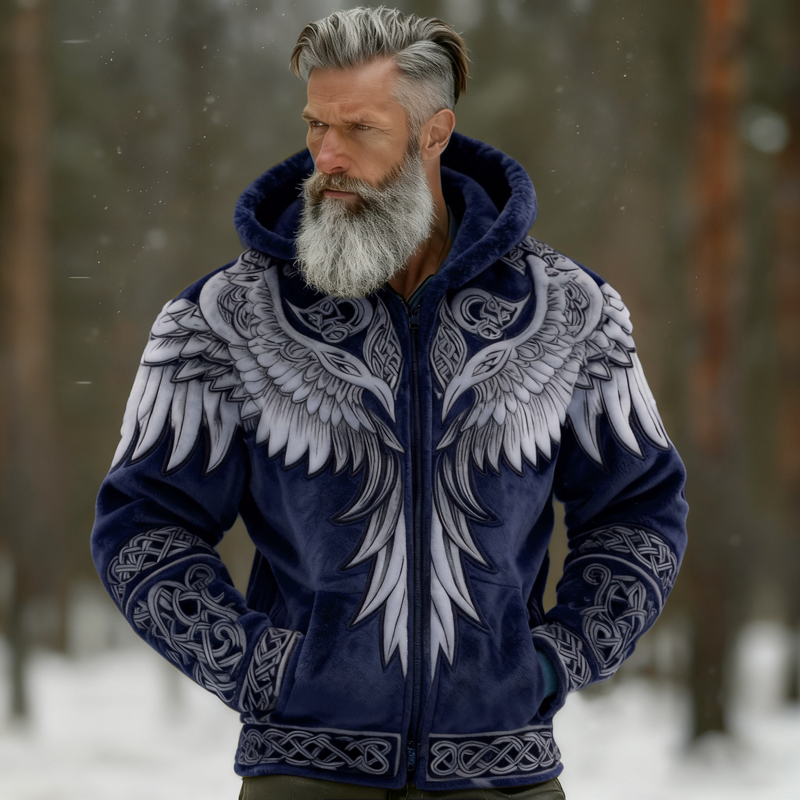 Men's Viking Tribal Jacquard Celtic With Wings Inspired Art Plush Warm Zipped Hooded Jacket