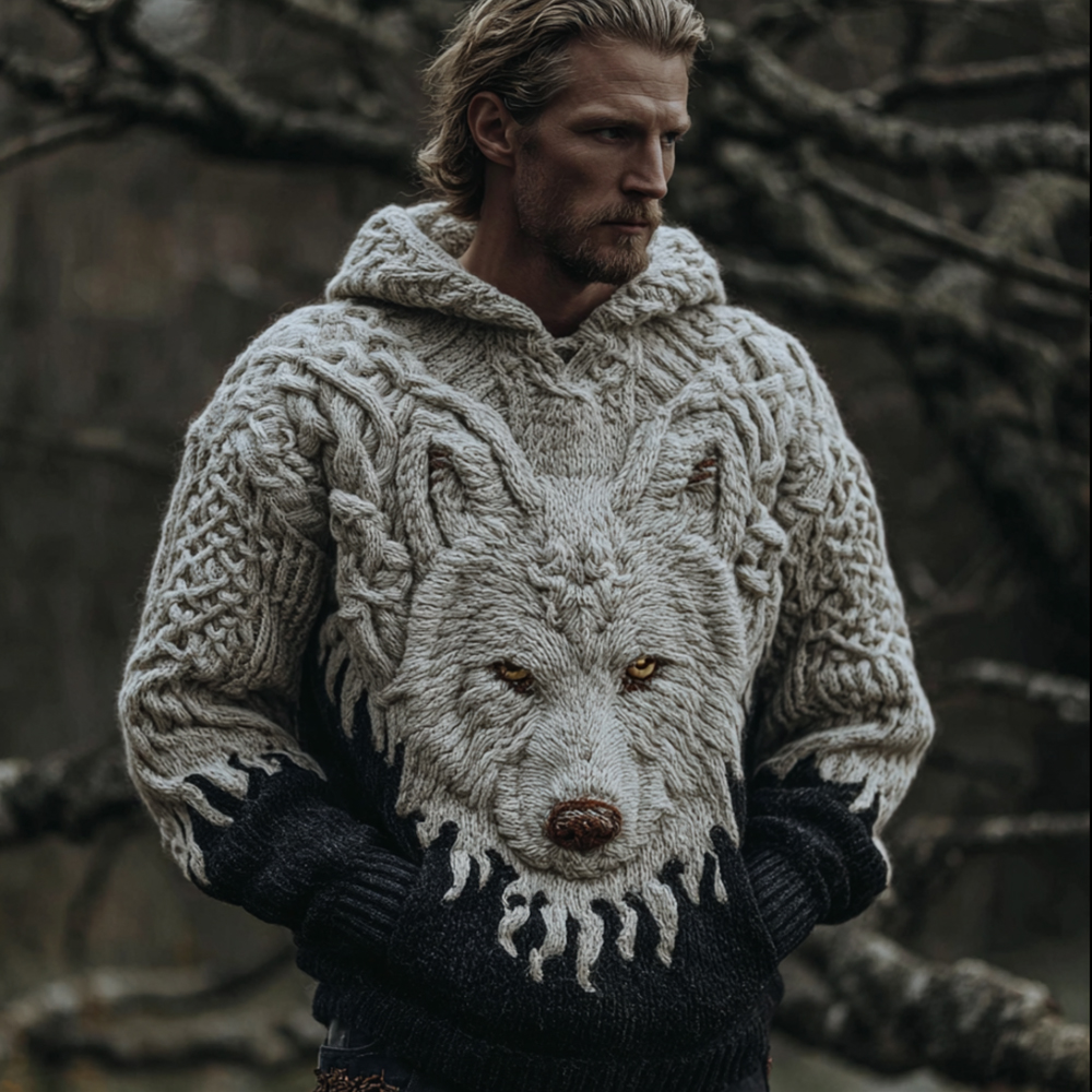 Men's Viking Style Wolf Headed Hooded Sweater