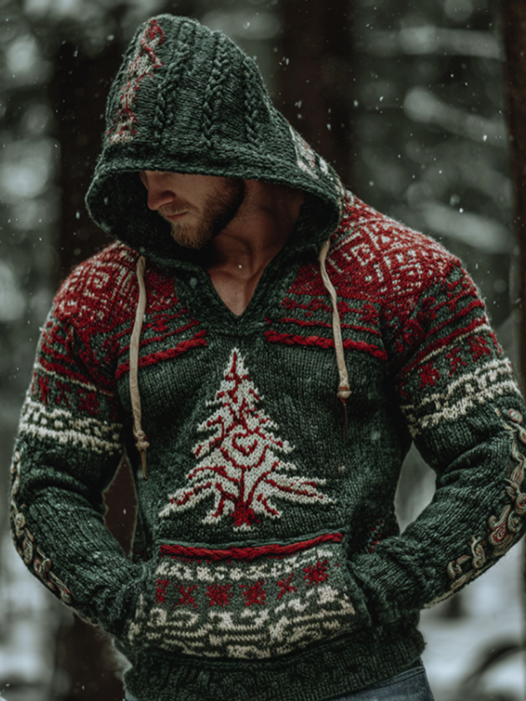 Christmas Retro Viking Men's Knit Hooded Sweater