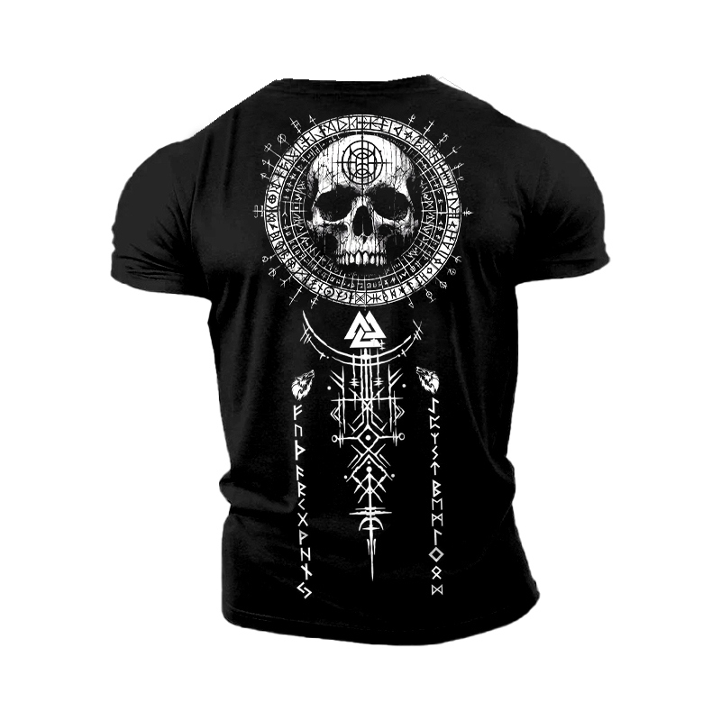 Vegvisir Viking Skull Runes Graphics Cotton T-shirt