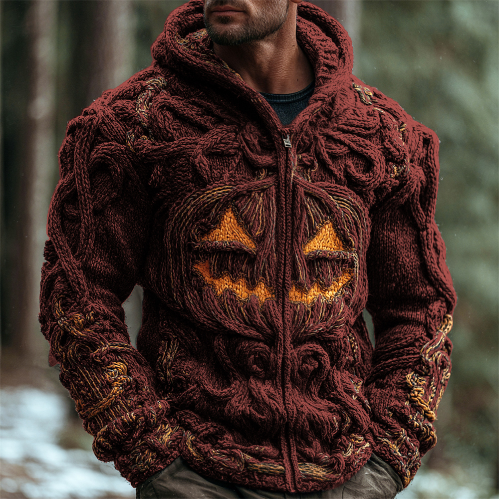 Halloween Pumpkin Emoji Men's Chunky Knit Full Zip Hooded Sweater