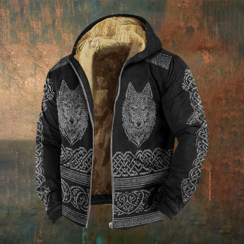 Men's Vintage Viking Wolf Print Zipper Jacket
