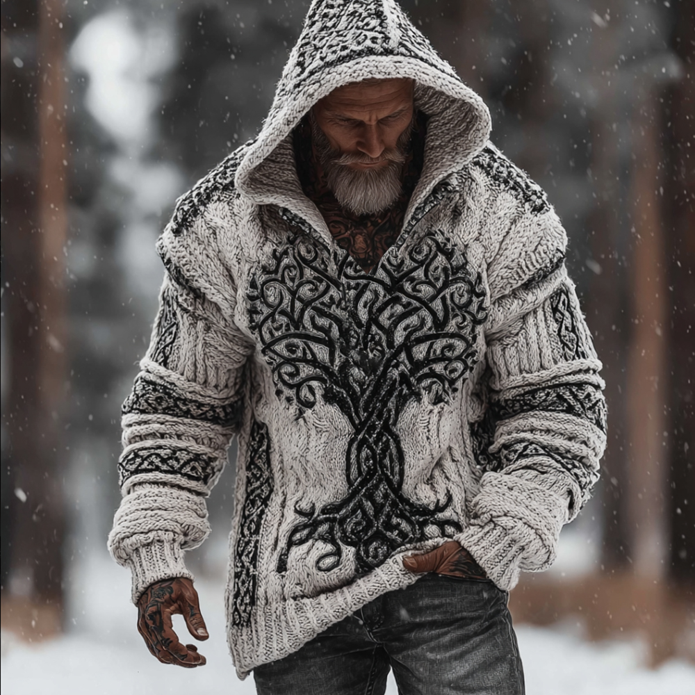 Men's Viking Style Flowering Tree Of Life Warm Thick Needle Hooded Sweater