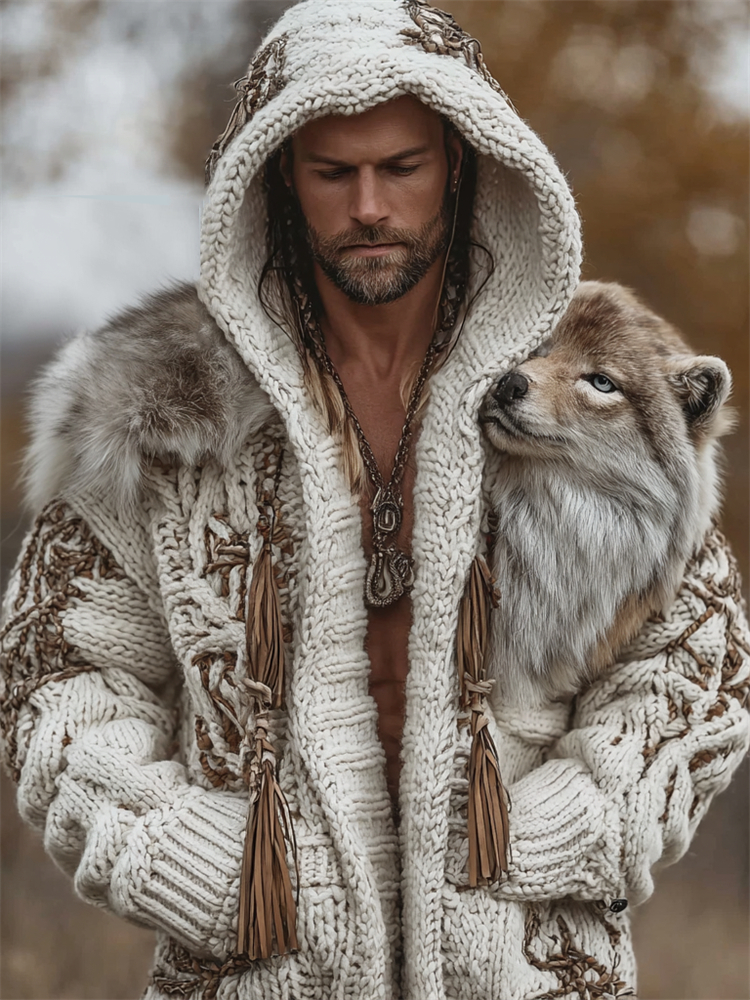Men's Vintage Western Wild Wolf Chunky Hooded Cardigan