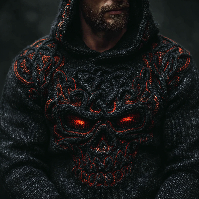 Men's Halloween Skull Celtic Knot Chunky Cozy Knit Hooded Sweater