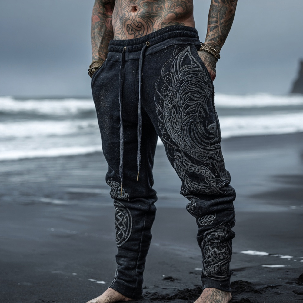 Men's Viking Wolf Celtic Embroidered Vintage Comfy Pants