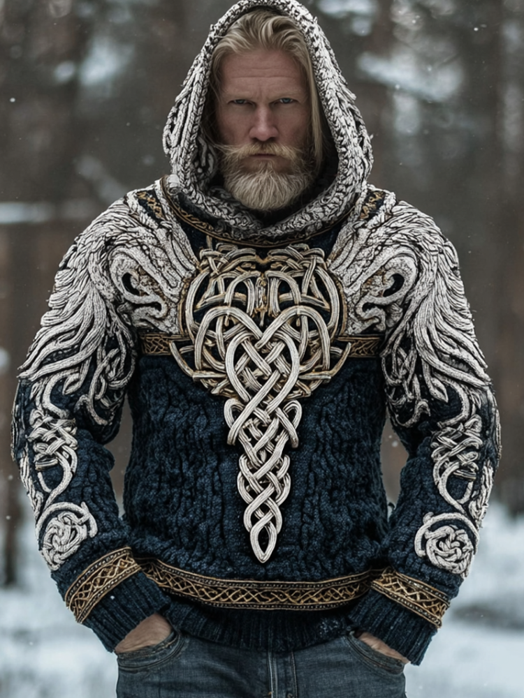 Men's Hooded Thick Sweater With Viking Style Tribal Totem And Wolf Totem Patterns