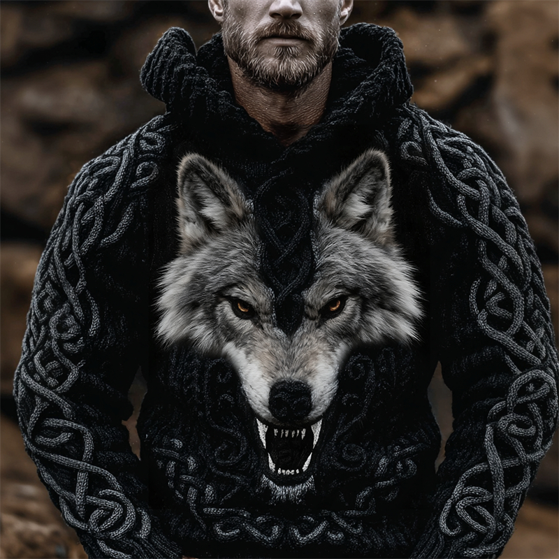 Men's Viking Wolf Celtic Knot Cozy Chunky Hooded Sweater