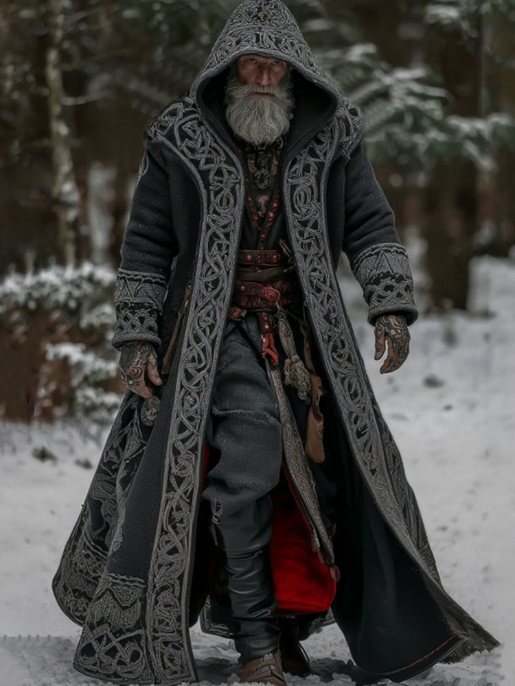 Men's Vintage Viking Celtic Knot Art Pocket Long Cardigan Sweater