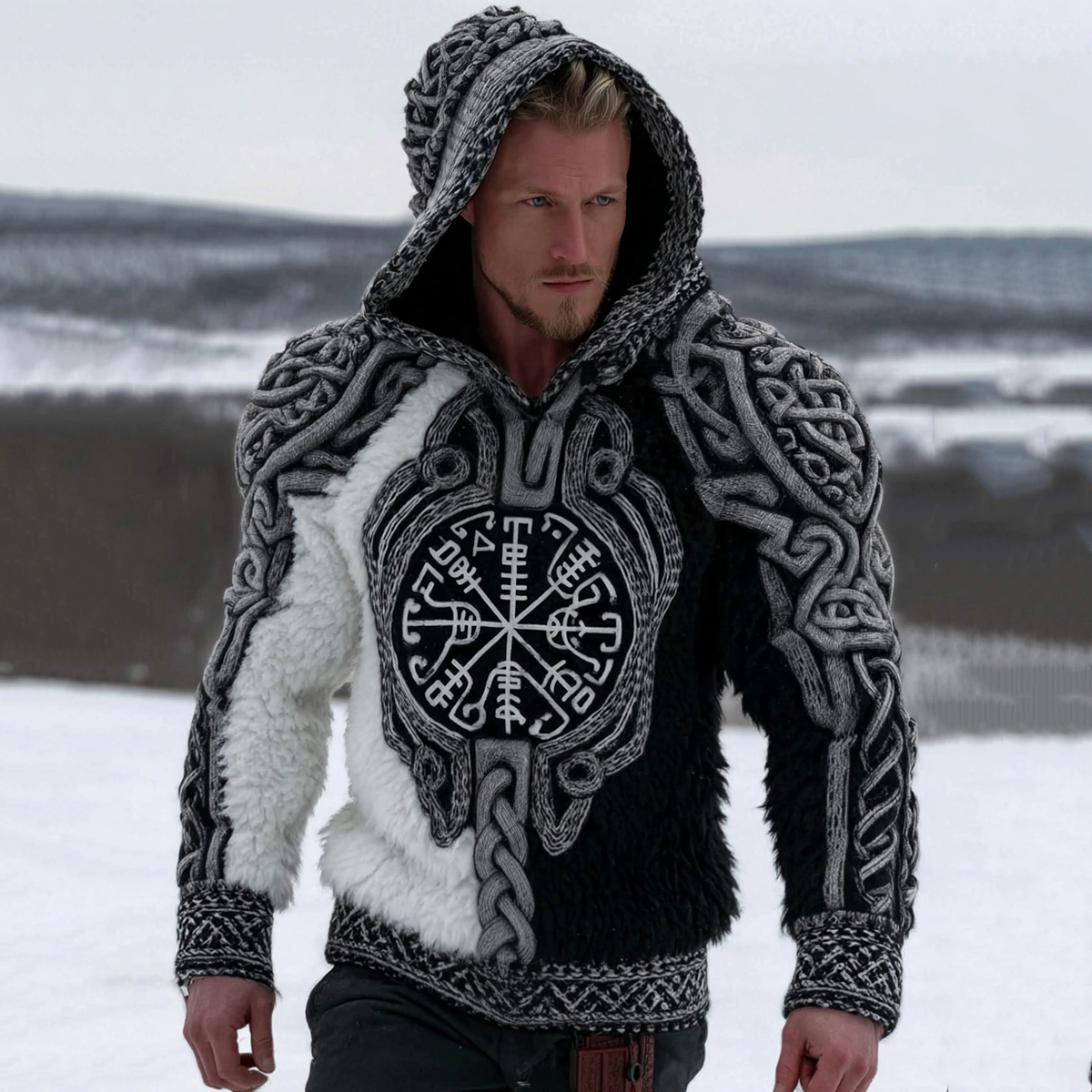 Men's Viking Tribal Jacquard Muscle Line Inspired Art Warm Hoodie