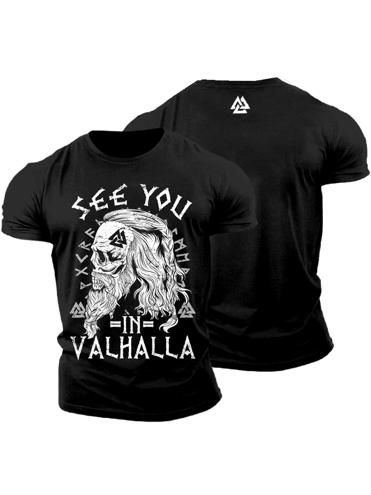 See You In Valhalla Runes Skull Graphics Cotton T-shirt