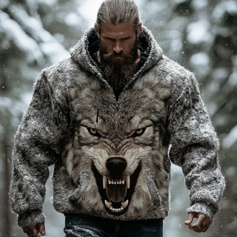 Men's Viking Style Wolf Leopard Expression Flannel Dark Patterned Hooded Sweatshirt