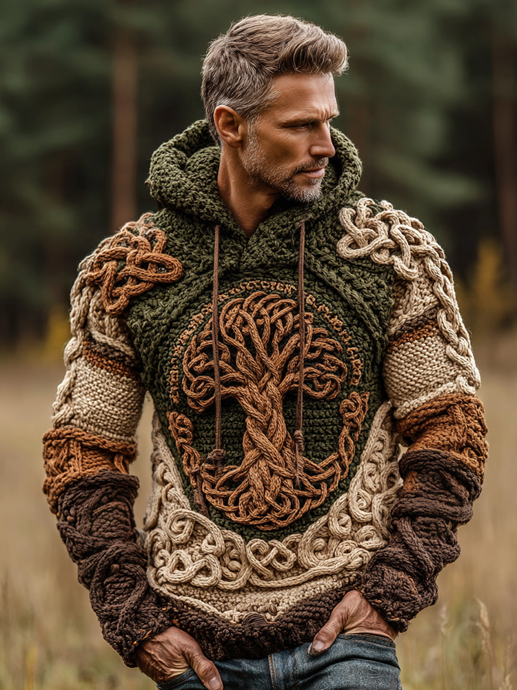 Men's Vintage Viking Tree Of Life Celtic Knot Pattern Knit Hooded Sweater