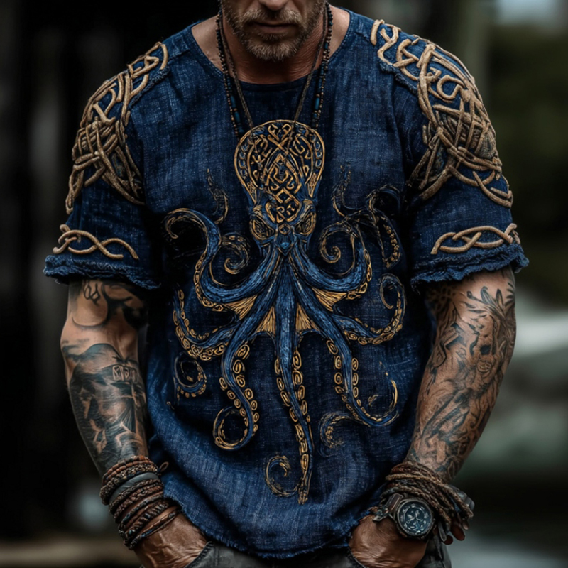 Men's Vintage Viking Octopus Celtic Knot Pattern Linen Blend T-shirt
