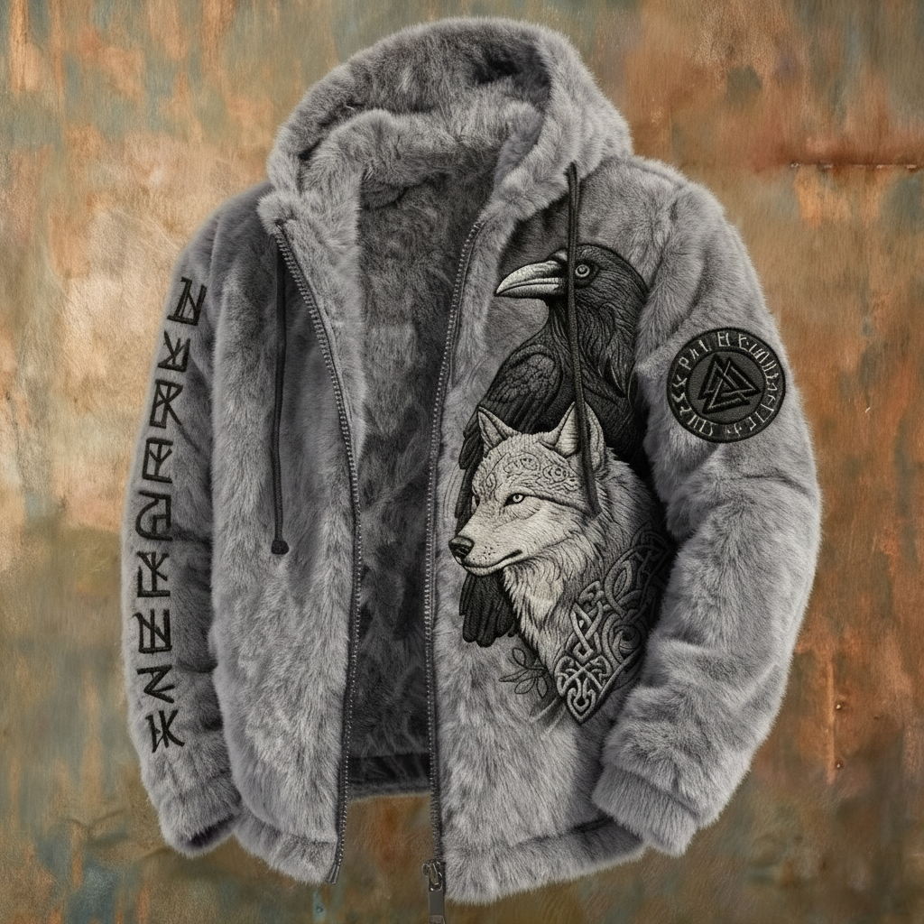 Men's Viking Tribal Jacquard Celtic With Crows & Wolves Inspired Plush Warm Zipped Hooded Jacket