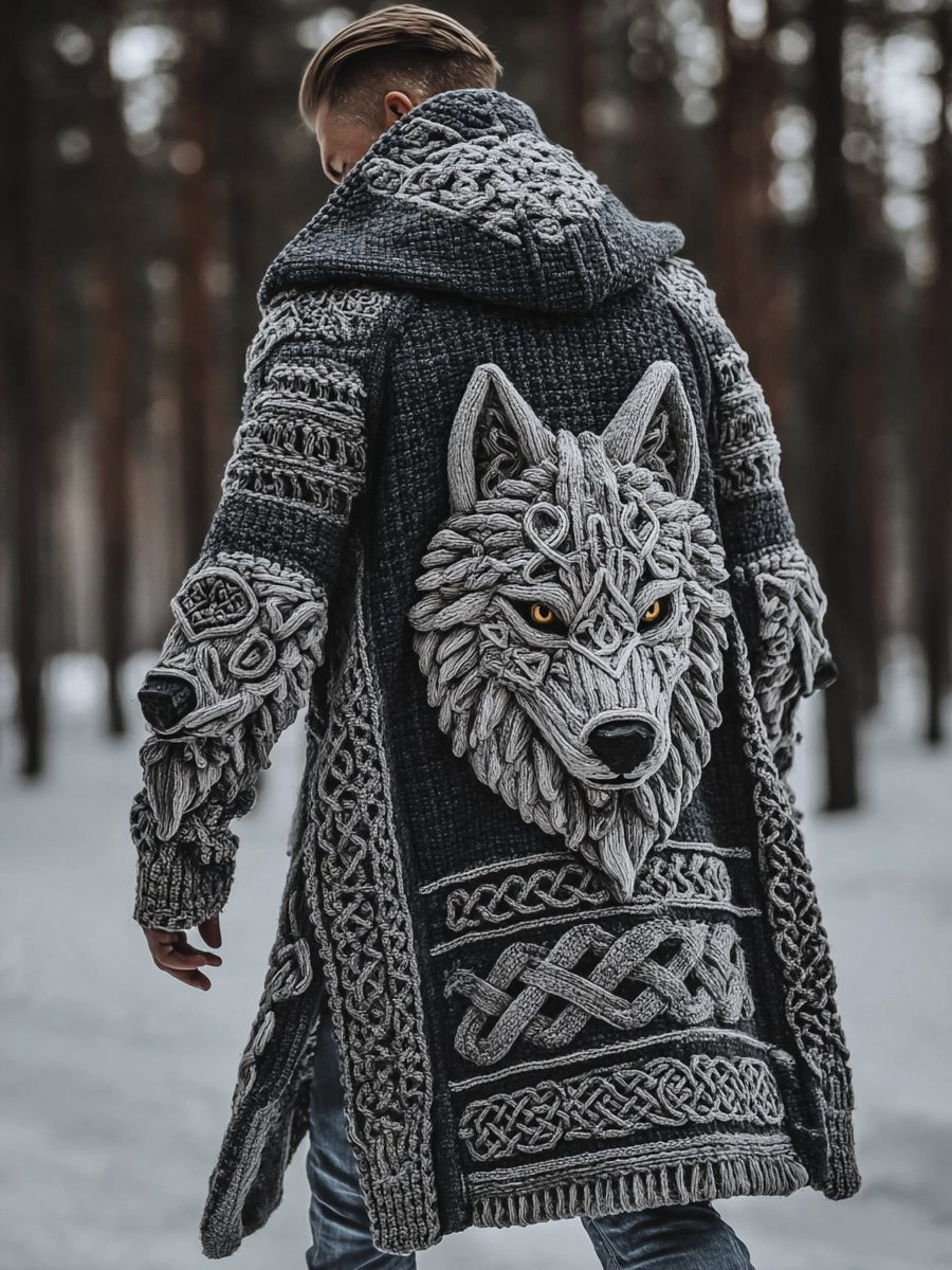 Men's Viking Style Celtic Knot Wolf Head Sweater Cardigan