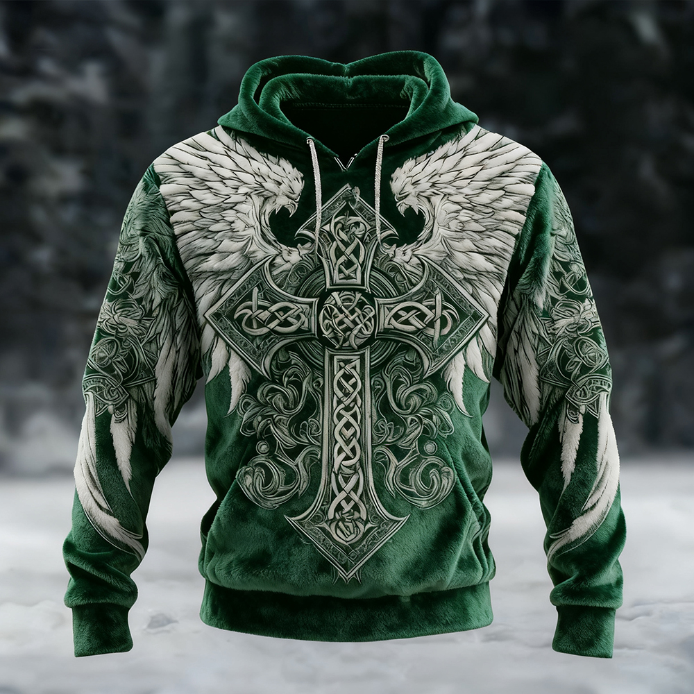 Men's Celtic Cross With Wings Pattern Viking Cozy Plush Hoodie