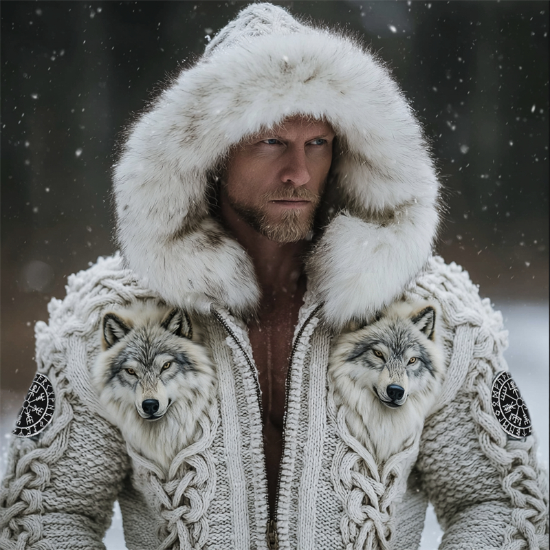 Men's Viking Vegvisir Wolves Celtic Cozy Fur Trim Hooded Cardigan