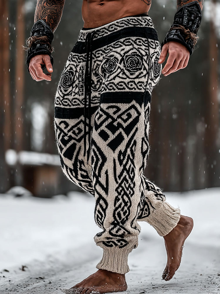 Men's Retro Viking Celtic Knot And Rose Art Knitted Jacquard Thermal Pants