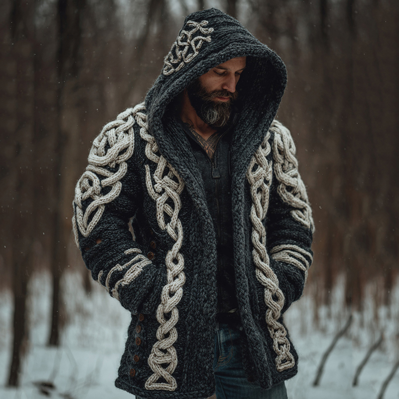 Men's Viking Celtic Knot Contrast Button Midi Cardigan Sweater