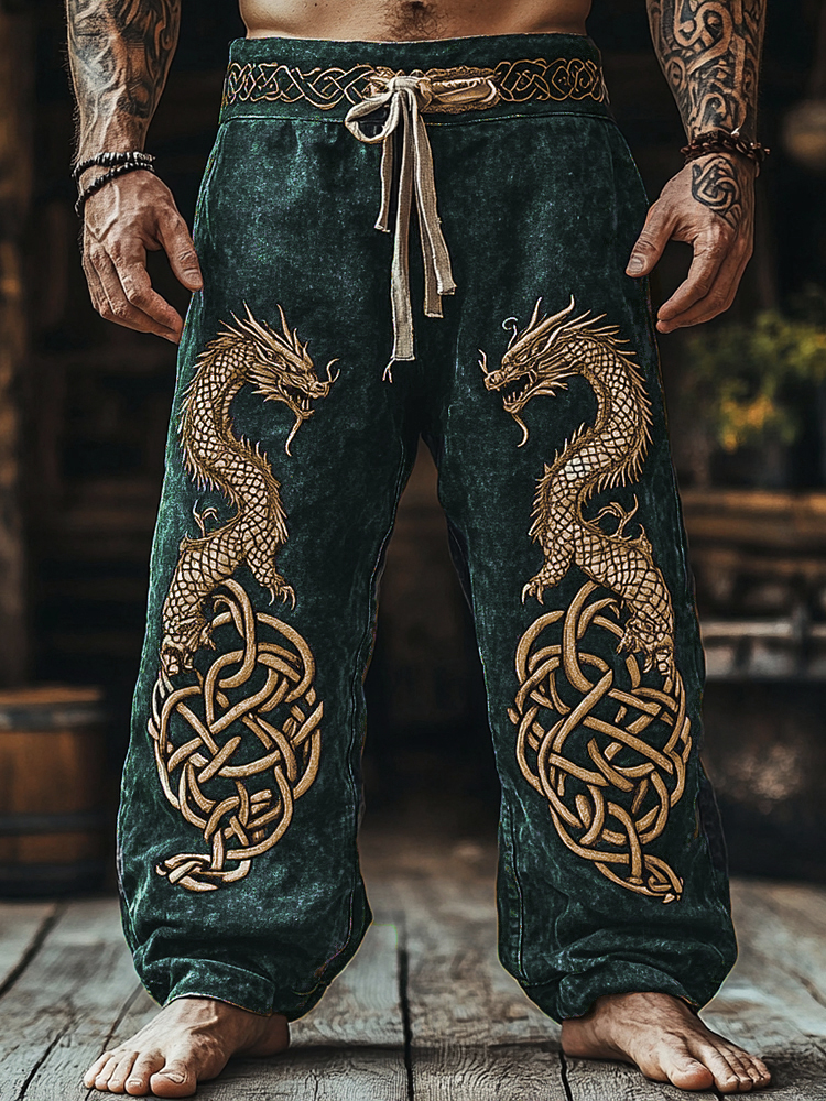 Men's Retro Viking Tribal Dragon Celtic Knot Art Linen Pants