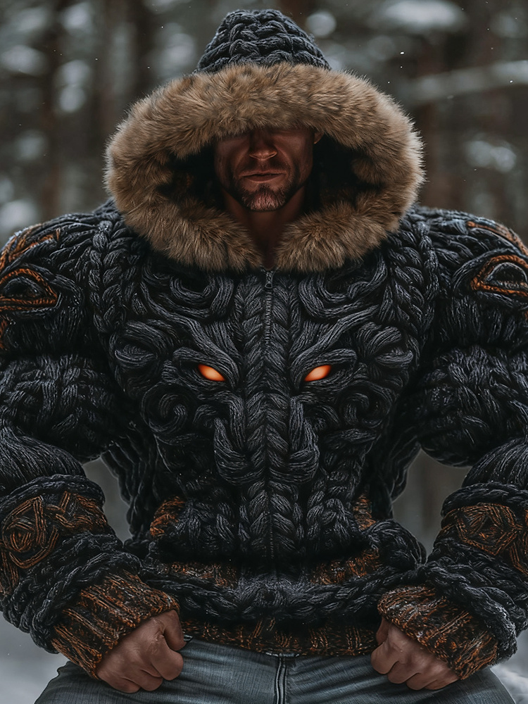 Men's Vintage Ancient Viking Tribal With Dragon Art Inspired Winter Warmth Knit Zipped Fur Hooded Sweater