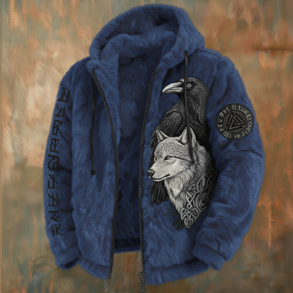 Men's Viking Tribal Jacquard Celtic With Crows & Wolves Inspired Plush Warm Zipped Hooded Jacket