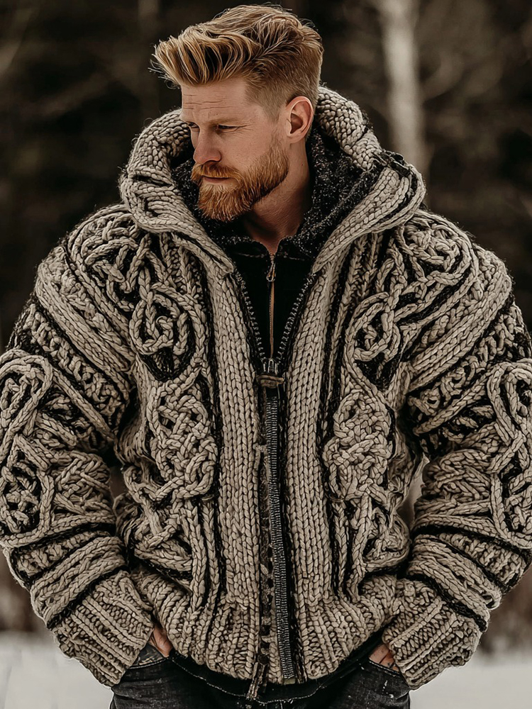 Vintage Viking Celtic Knot Knit Zip-up Hooded Sweater