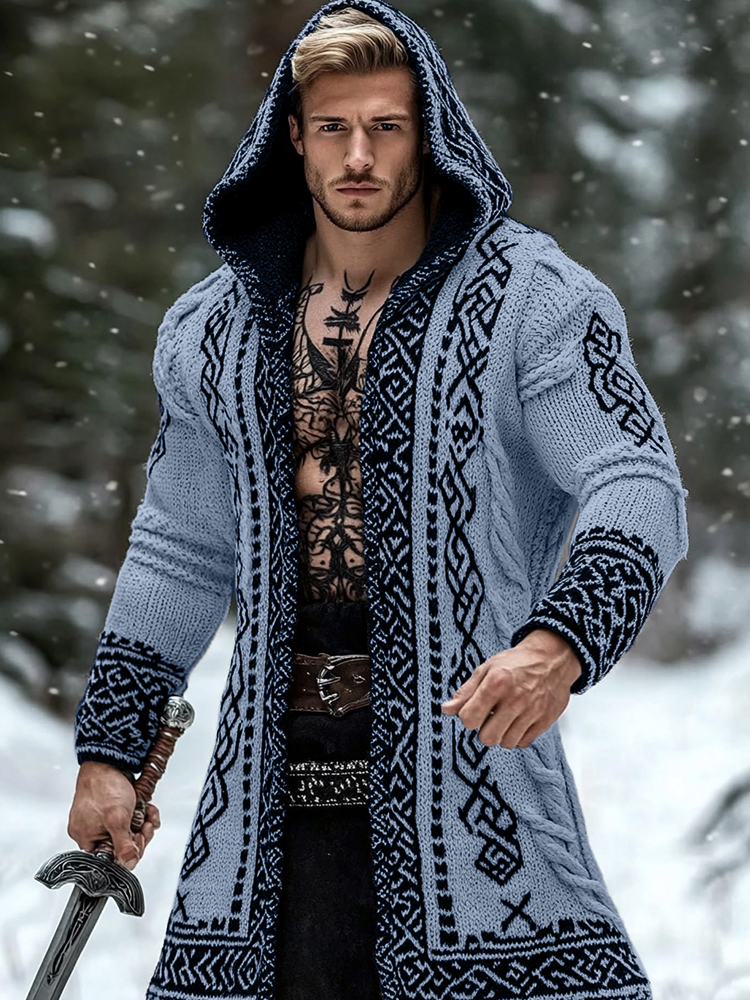 Men's Viking Tribal Pattern Jacquard Celtic Cozy Cardigan Sweater