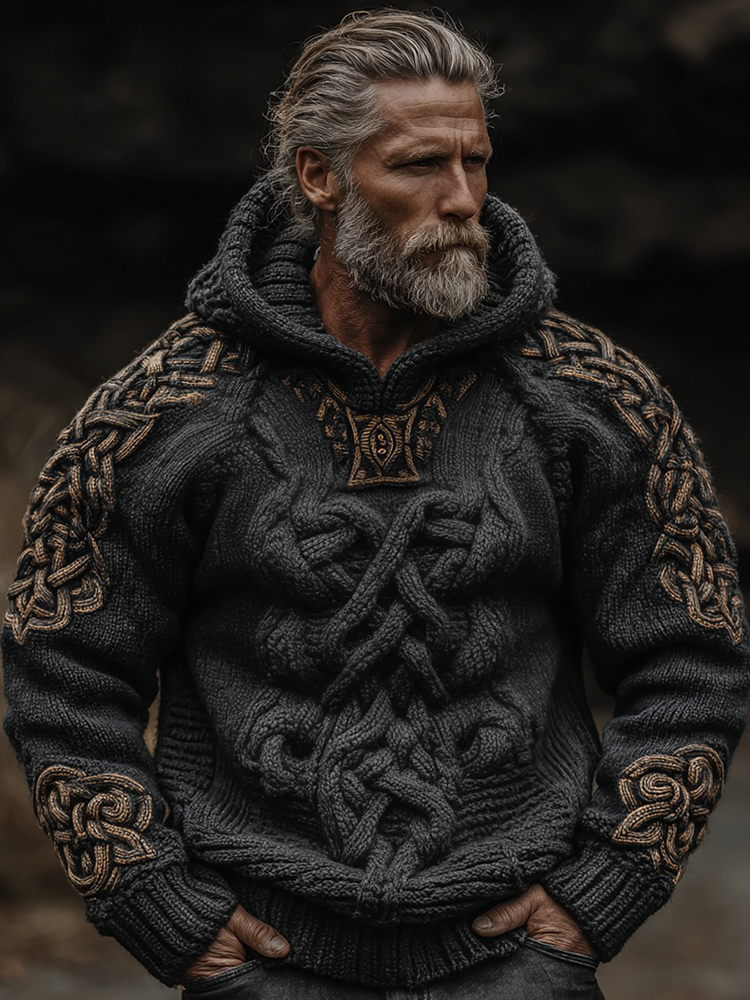 Men's Vintage Viking Celtic Knot Art Knit Hooded Sweater
