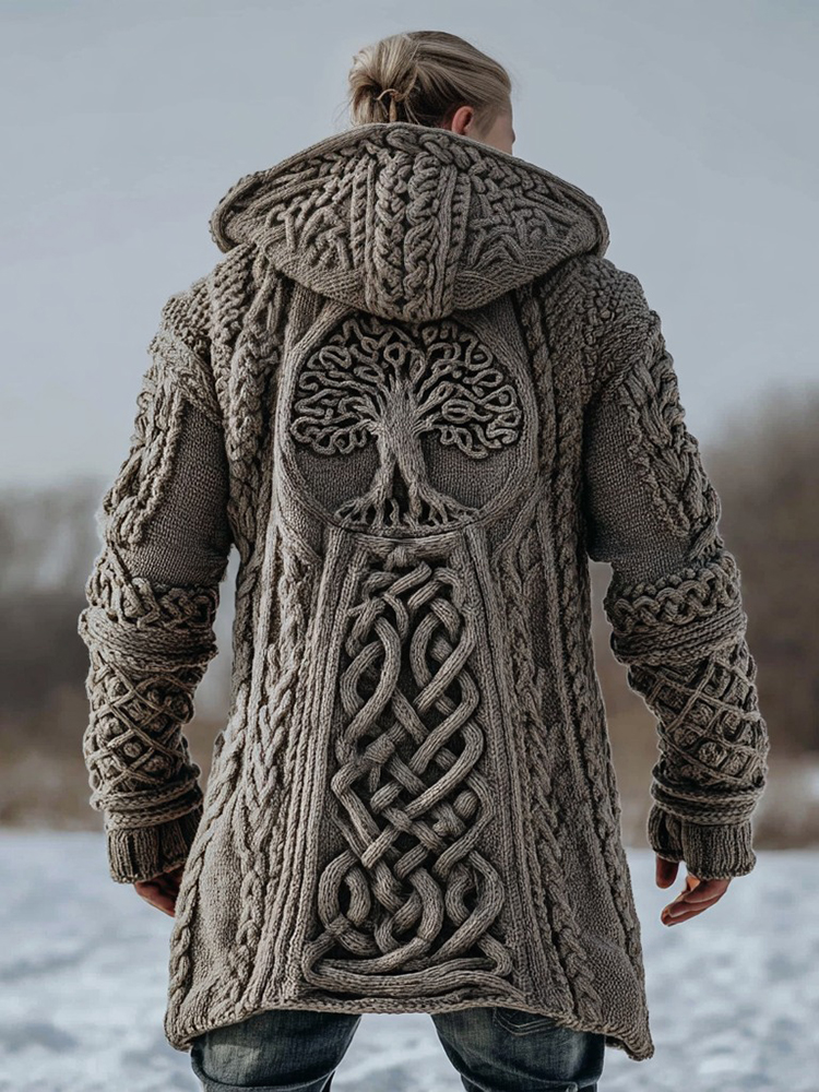 Men's Viking Tree Of Life Celtic Knot Jacquard Knit Zipped Aran Sweater Hooded Cardigan